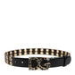 Black Leather Eyelet Crystal DG Buckle Belt