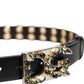 Black Leather Eyelet Crystal DG Buckle Belt