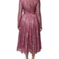 Pink Floral Lace Long Sleeve Midi Dress
