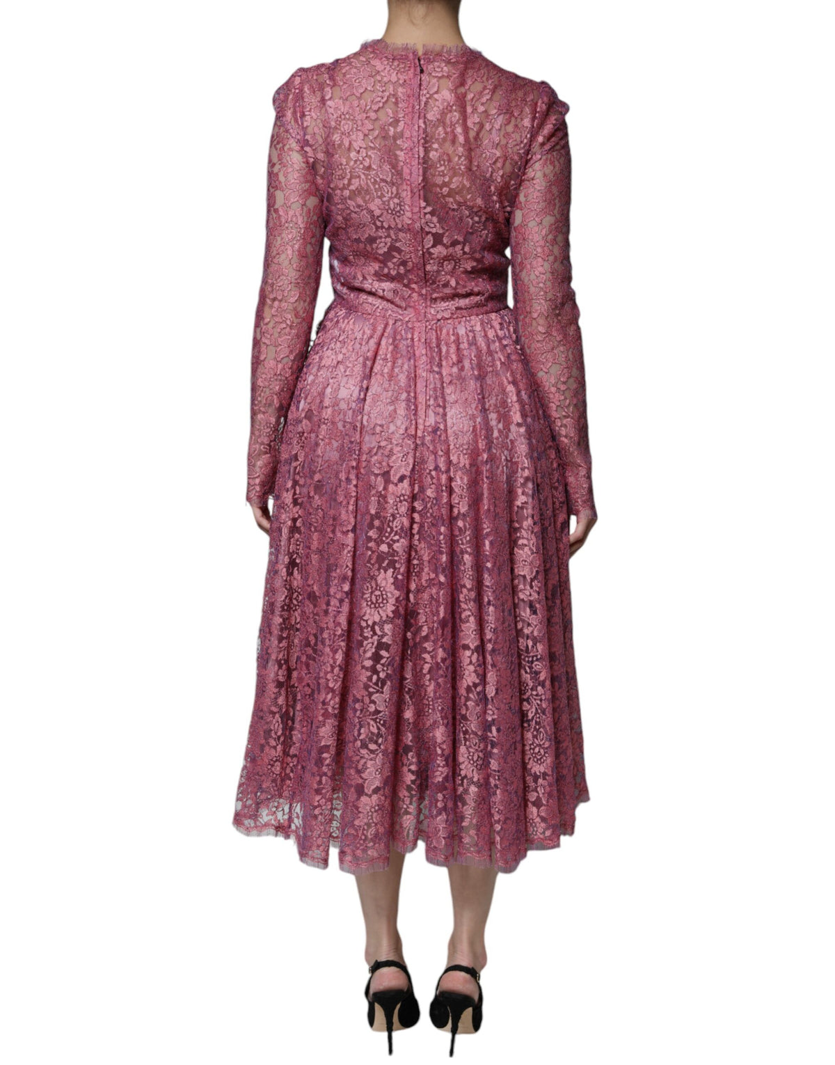 Pink Floral Lace Long Sleeve Midi Dress