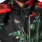 Black Floral Polyester Hooded Quilted Jacket