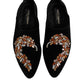 Black Velvet Embellished Loafer Slip On Shoes