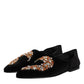Black Velvet Embellished Loafer Slip On Shoes