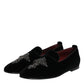 Black Velvet Embellished Loafer Slip On Shoes