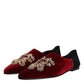 Black Red Velvet Embellished Slip On Shoes