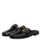 Black Leather DG Chain Embellished Sandals Shoes