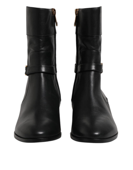 Black Leather Flats Logo Short Boots Shoes