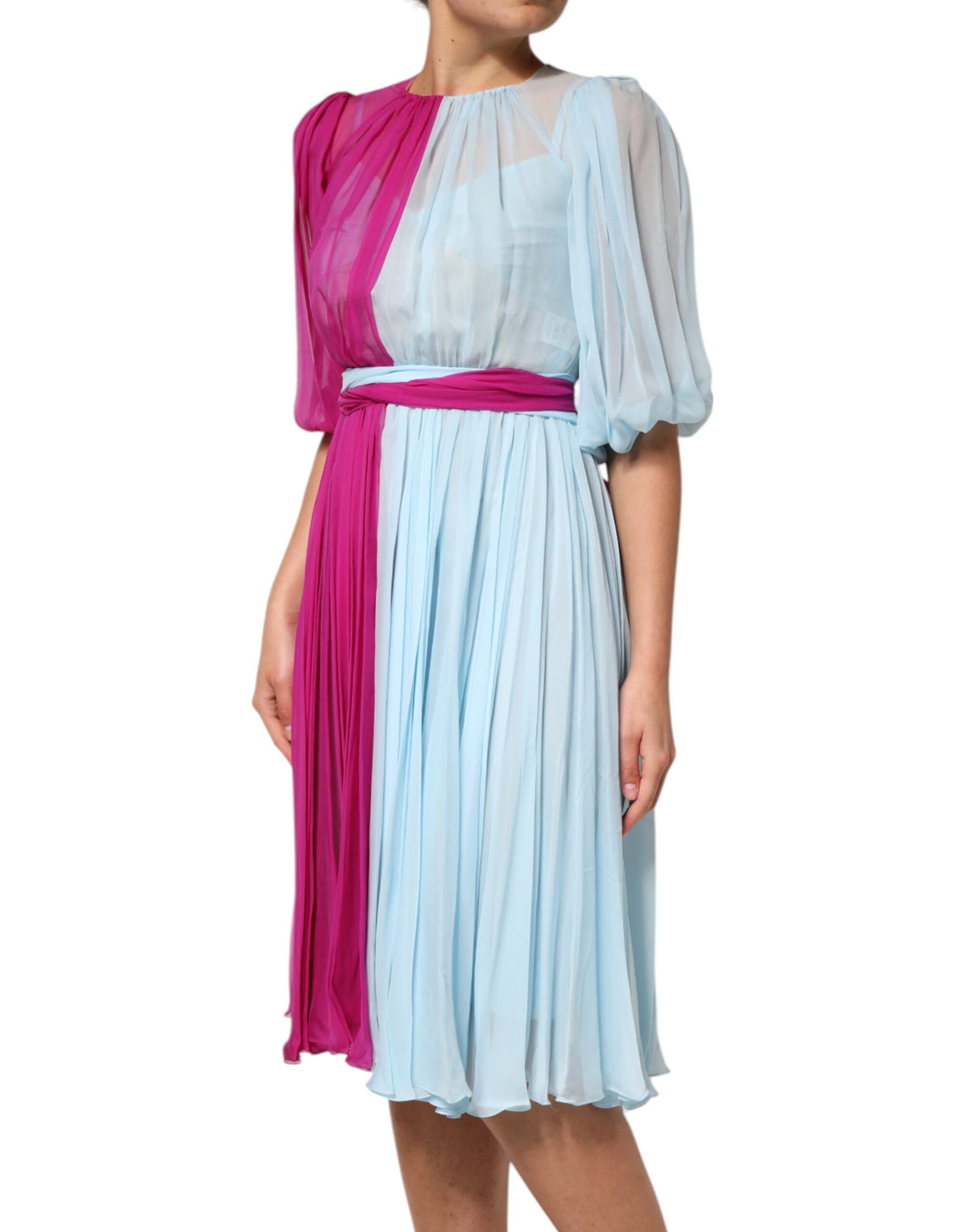Fuchsia Light Blue Silk Two Tone Midi Dress