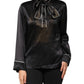 Black Silk Ascot Collared Button Blouse Top