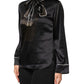 Black Silk Ascot Collared Button Blouse Top