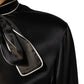 Black Silk Ascot Collared Button Blouse Top