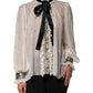 White Black Silk Long Sleeve Ascot Collar Top
