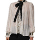 White Black Silk Long Sleeve Ascot Collar Top