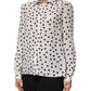 White Black Dotted Silk Long Sleeves Top