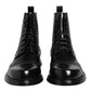 Black Leather Lace Up Mid Calf Boots Shoes