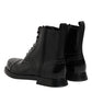 Black Leather Lace Up Mid Calf Boots Shoes