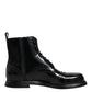 Black Leather Lace Up Mid Calf Boots Shoes