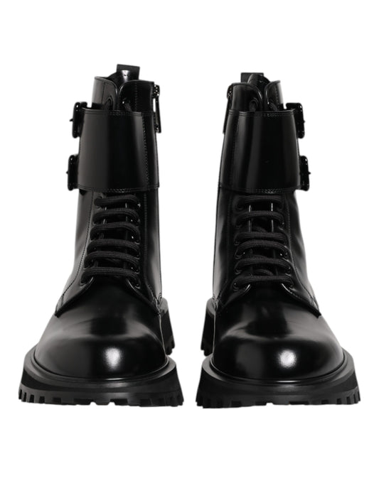 Black Leather Lace Up Mid Calf Boots Shoes