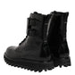 Black Leather Lace Up Mid Calf Boots Shoes