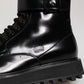 Black Leather Lace Up Mid Calf Boots Shoes