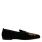 Black Velvet Gold Crown Mens Loafers Shoes