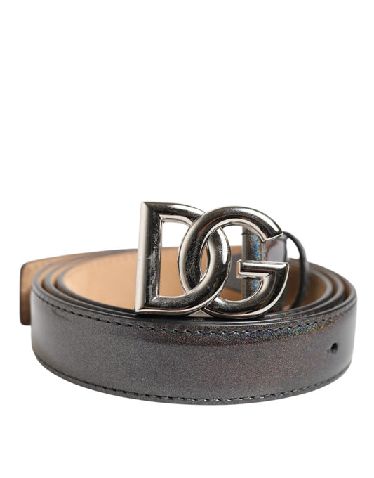 Metallic Leather Silver Tone Logo Buckle Belt