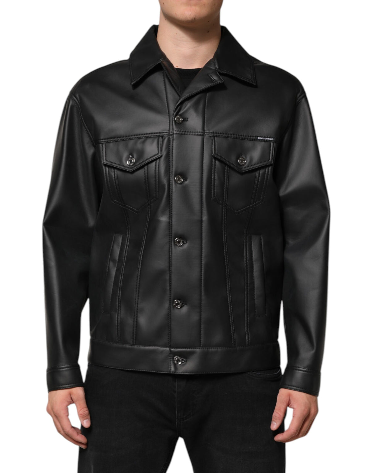 Black Polyester Button Down Biker Jacket