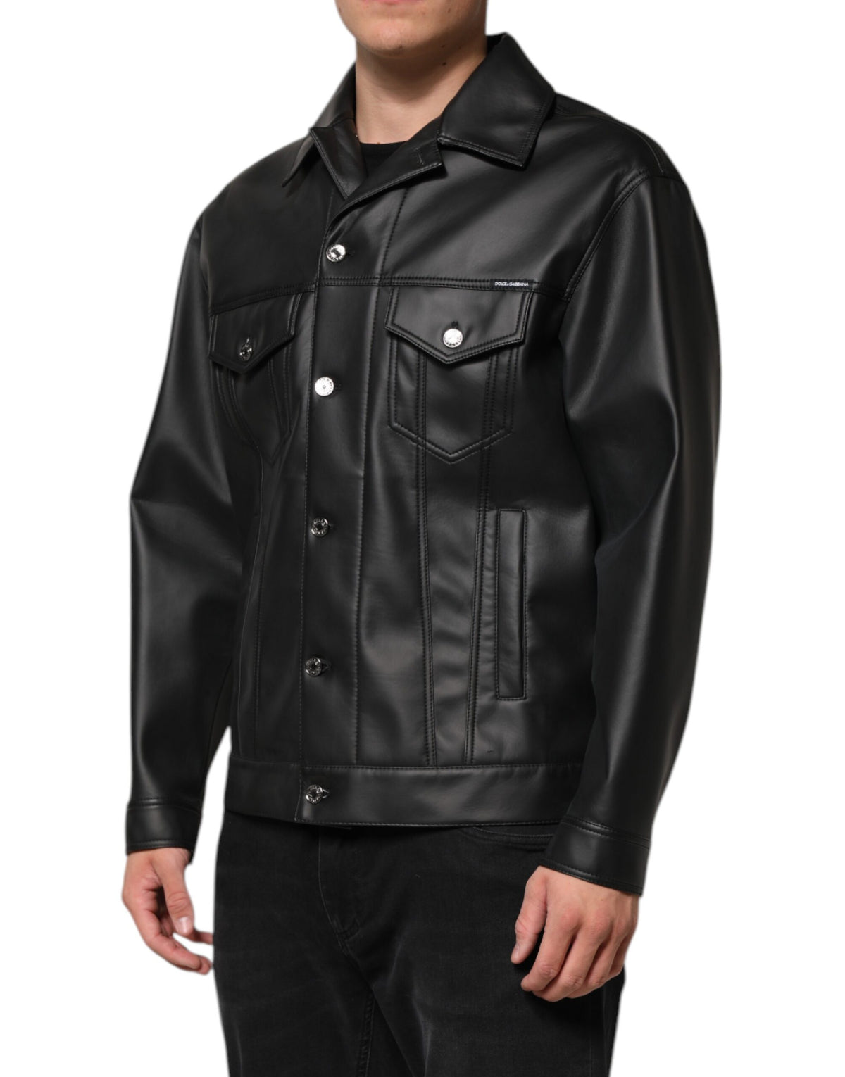 Black Polyester Button Down Biker Jacket