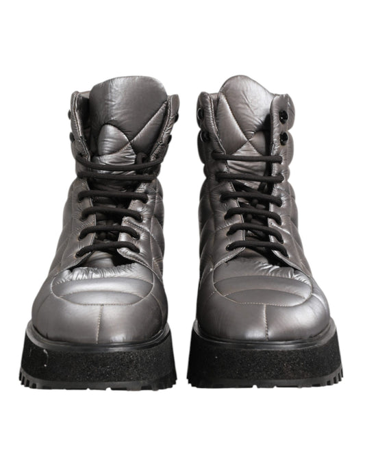 Silver Padded Mid Calf Lace Up Boots Shoes