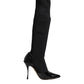 Black Leather Ribbed Knit Knee Boots Shoes