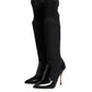 Black Leather Ribbed Knit Knee Boots Shoes