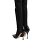 Black Leather Ribbed Knit Knee Boots Shoes