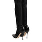 Black Leather Ribbed Knit Knee Boots Shoes