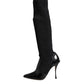 Black Leather Ribbed Knit Knee Boots Shoes