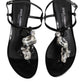 Black Leather Crystal Ankle Strap Sandals Shoes