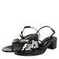 Black Leather Crystal Ankle Strap Sandals Shoes