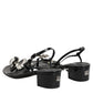 Black Leather Crystal Ankle Strap Sandals Shoes