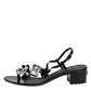 Black Leather Crystal Ankle Strap Sandals Shoes