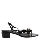 Black Leather Crystal Ankle Strap Sandals Shoes