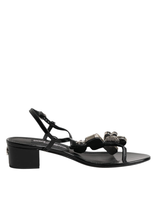 Black Leather Crystal Ankle Strap Sandals Shoes