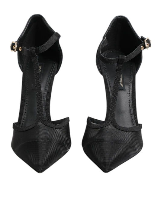 Black Mesh T-strap Stiletto High Heels Shoes