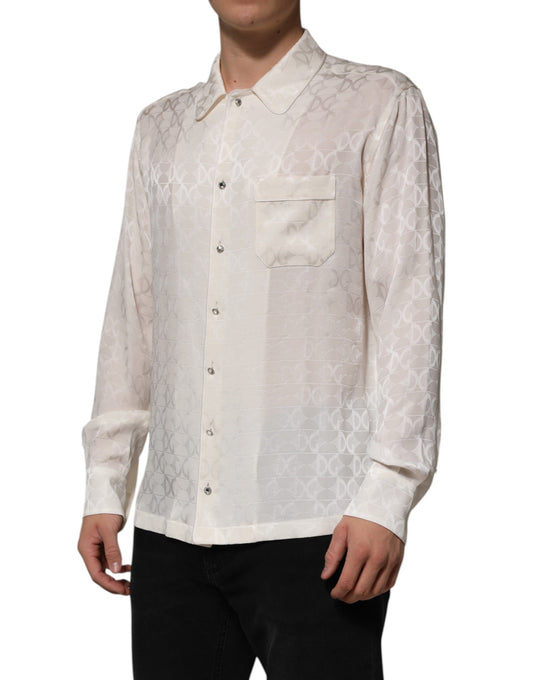 White Silk DG Logo Print Long Sleeves Shirt