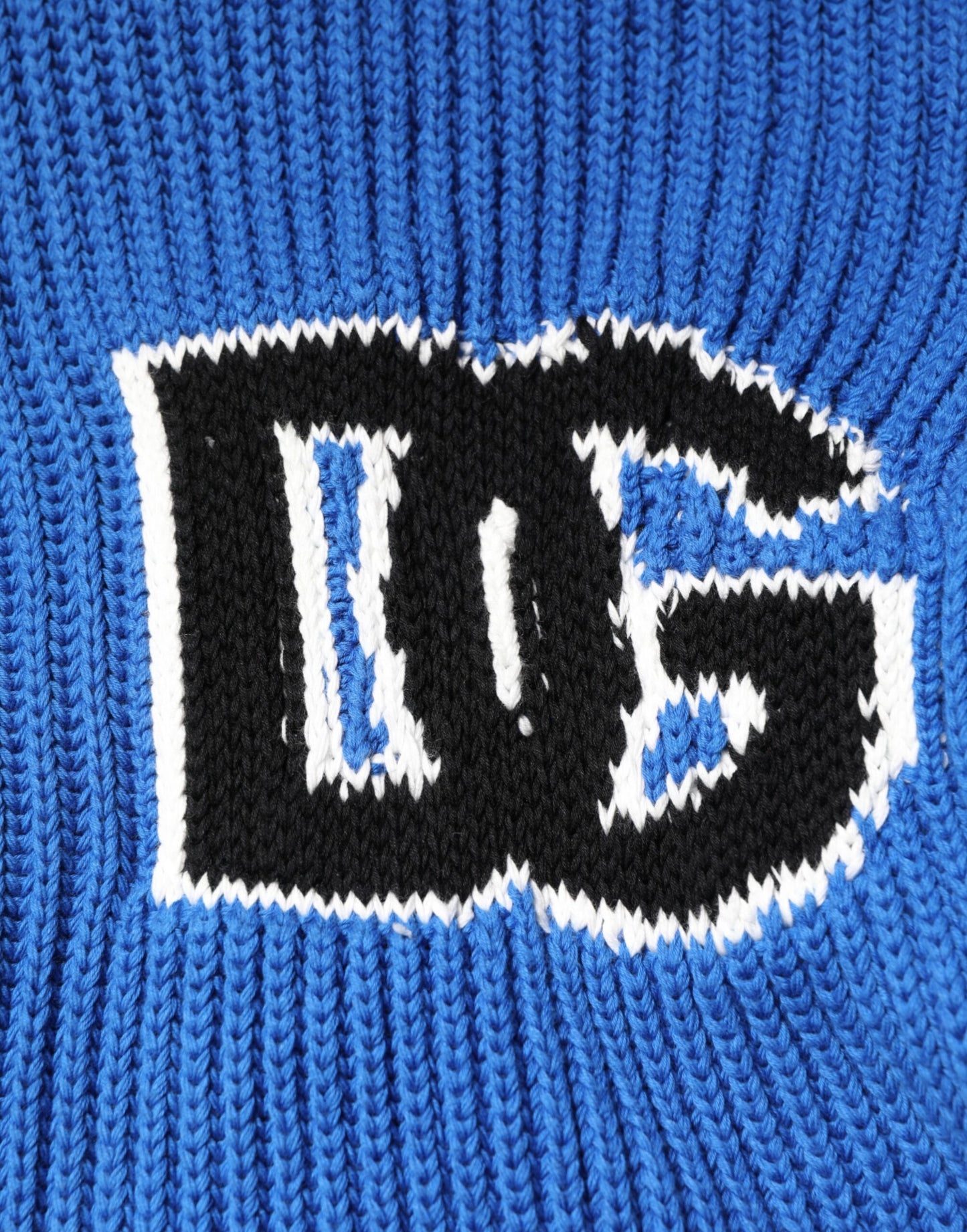 Blue Cotton Logo Patch Ribbed Knit Cardigan Sweater