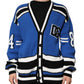 Blue Cotton Logo Patch Ribbed Knit Cardigan Sweater