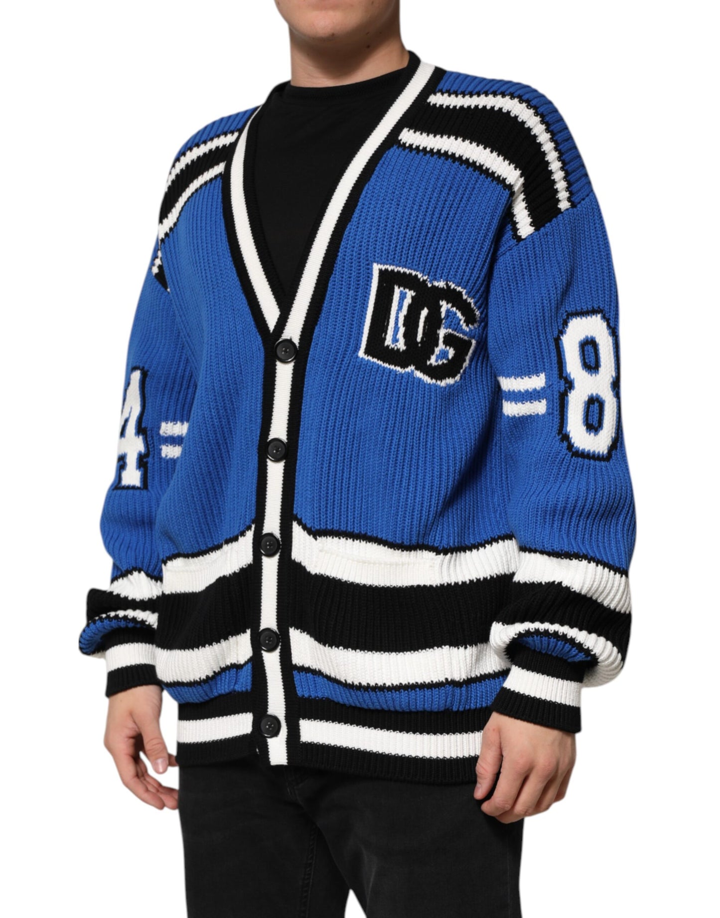 Blue Cotton Logo Patch Ribbed Knit Cardigan Sweater