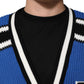 Blue Cotton Logo Patch Ribbed Knit Cardigan Sweater