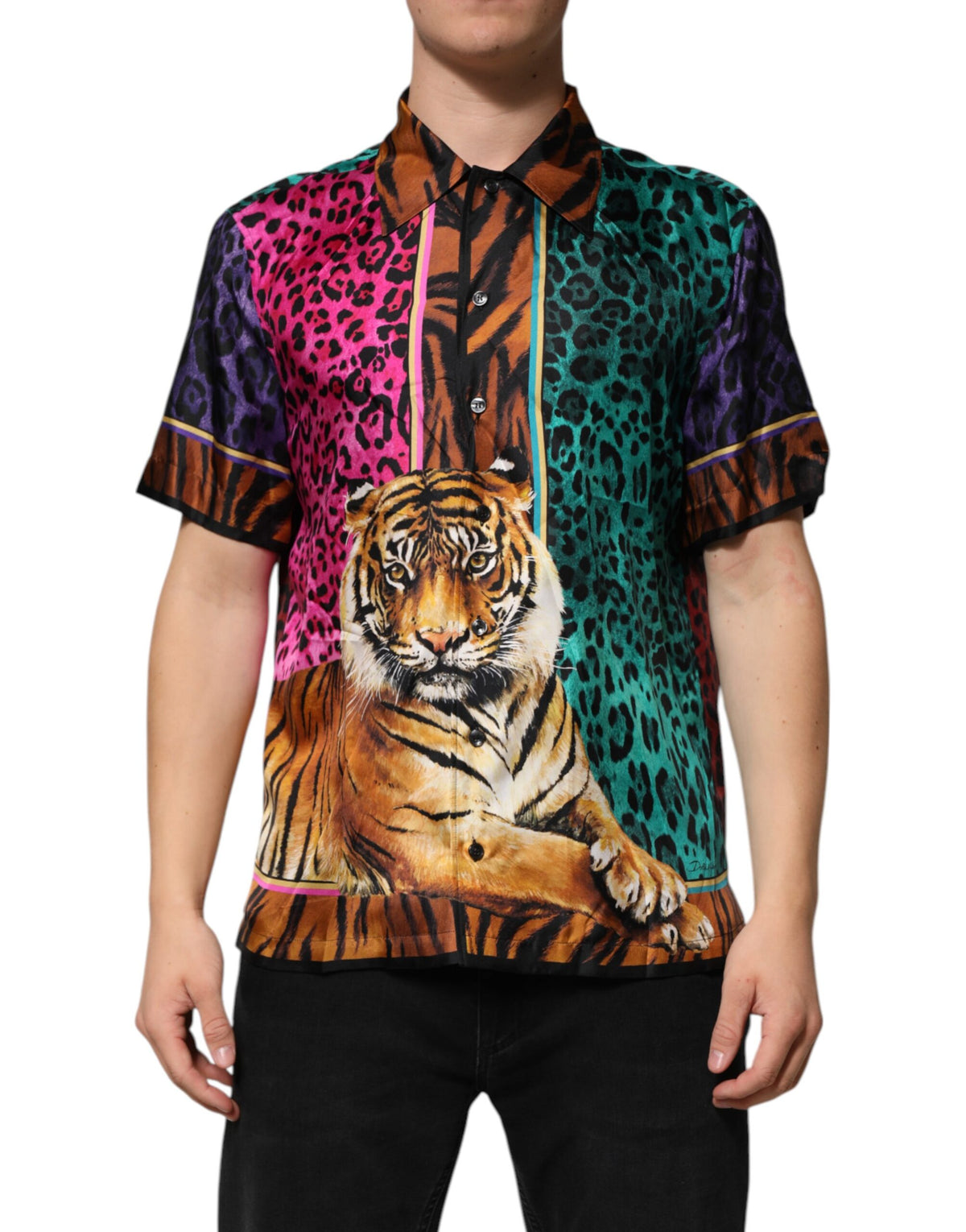 Multicolor Silk Tiger Print Hawaiian T-shirt