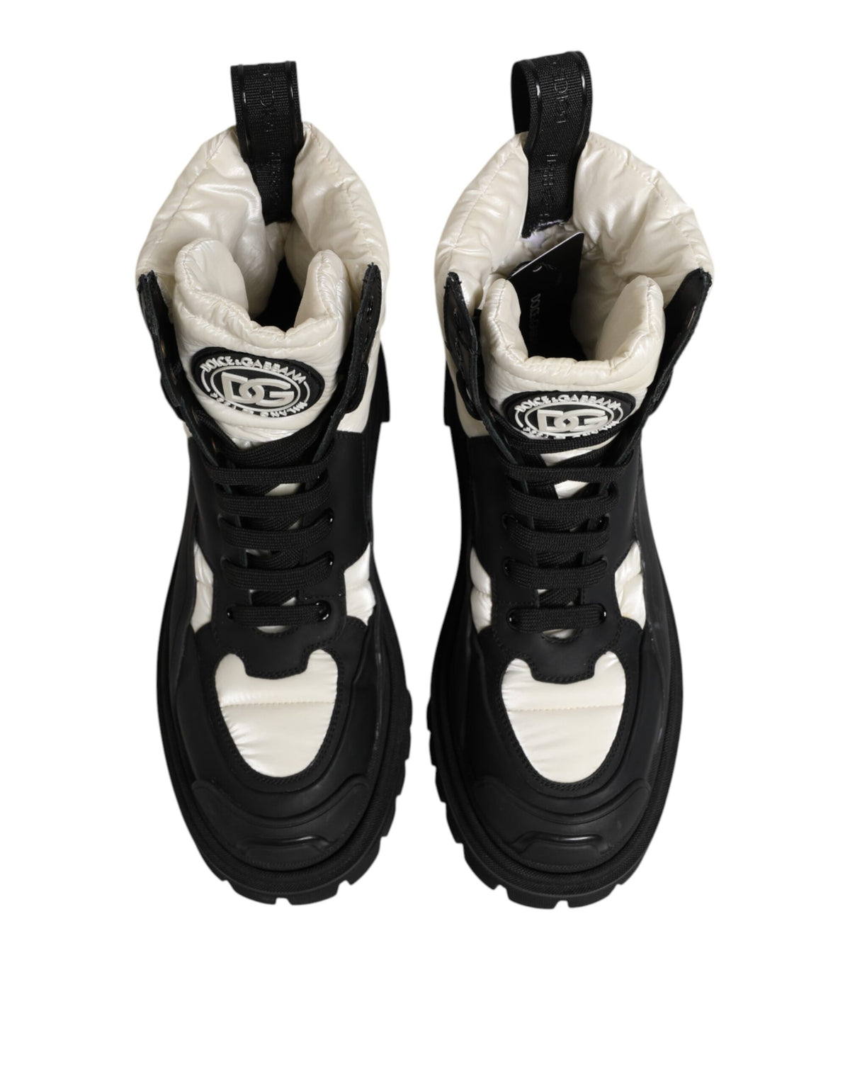 Black White Padded Mid Calf Lace Up Boots Shoes
