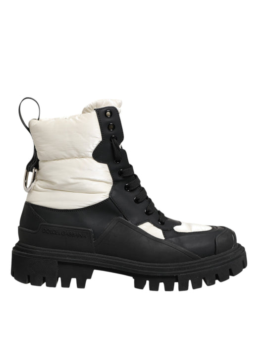 Black White Padded Mid Calf Lace Up Boots Shoes