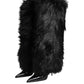 Black Faux Fur Pointed Knee High Stiletto Boots Shoes